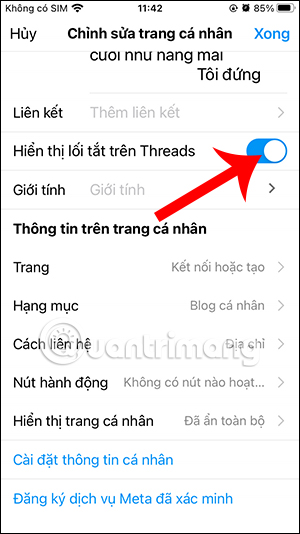 Hiển thị lối tắt Threads