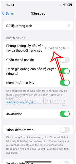 Phòng chống lấy dấu vân tay và theo dõi thông minh Safari