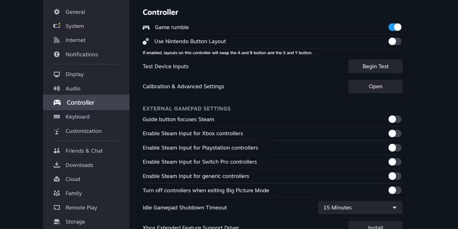 Menu cài đặt tay cầm trong Big Picture Mode trên Steam