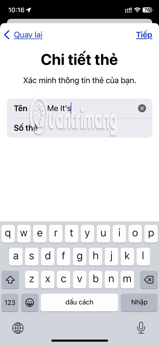 Nhập thông tin chủ thẻ và số thẻ