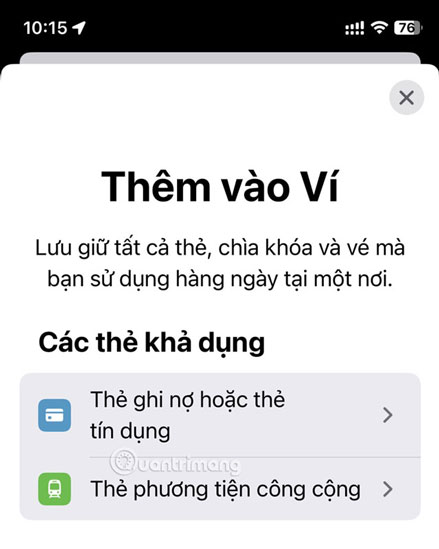 Lựa chọn mục "Thẻ ghi nợ hoặc thẻ tín dụng"