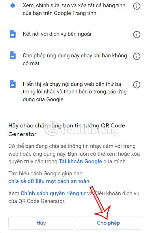 Đồng ý quyền QR Code Generator Google Sheets