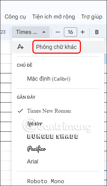 Tải font chữ khác Google Sheets