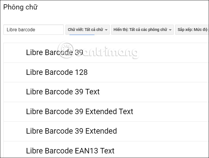 Tải font chữ Libre barcode Google Sheets