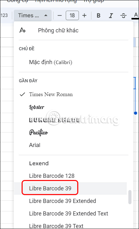 Font tạo mã vạch trên Google Sheets