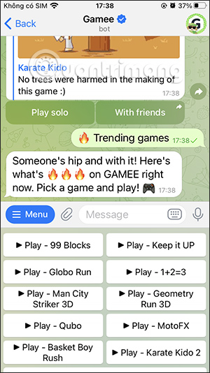 Menu chơi game trên Telegram