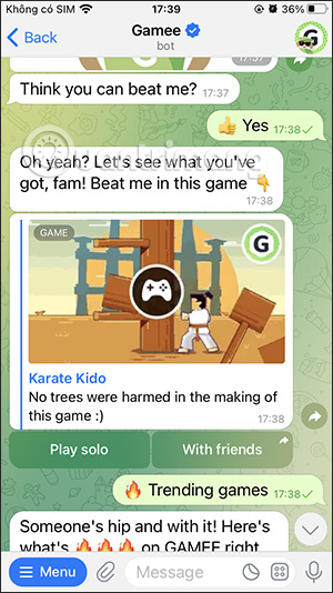 Chọn chế độ chơi trên Gamee Telegram