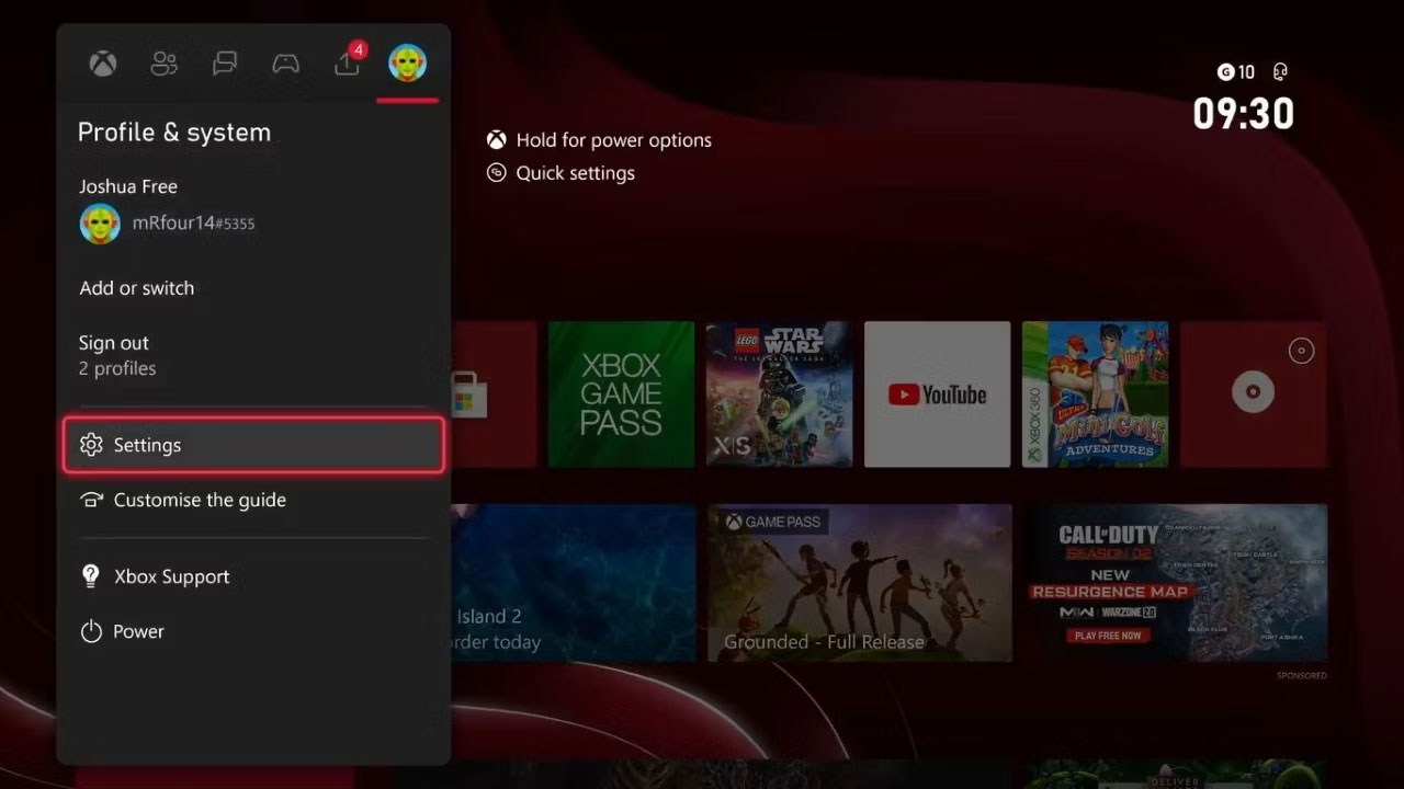 Menu Guide trên Xbox Series X với các tùy chọn cho Profile & system được highlight