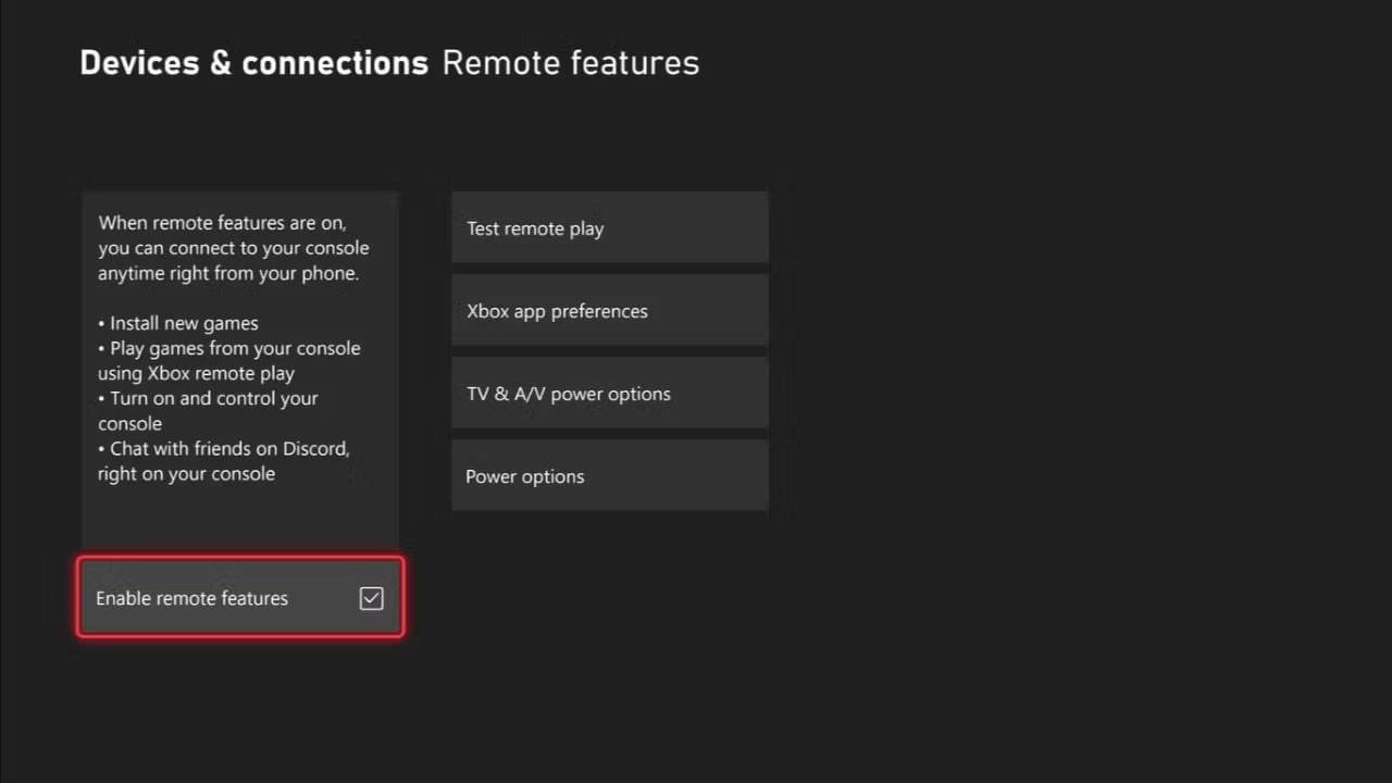 Cài đặt Remote features trên Xbox Series X với Enable remote features được highlight