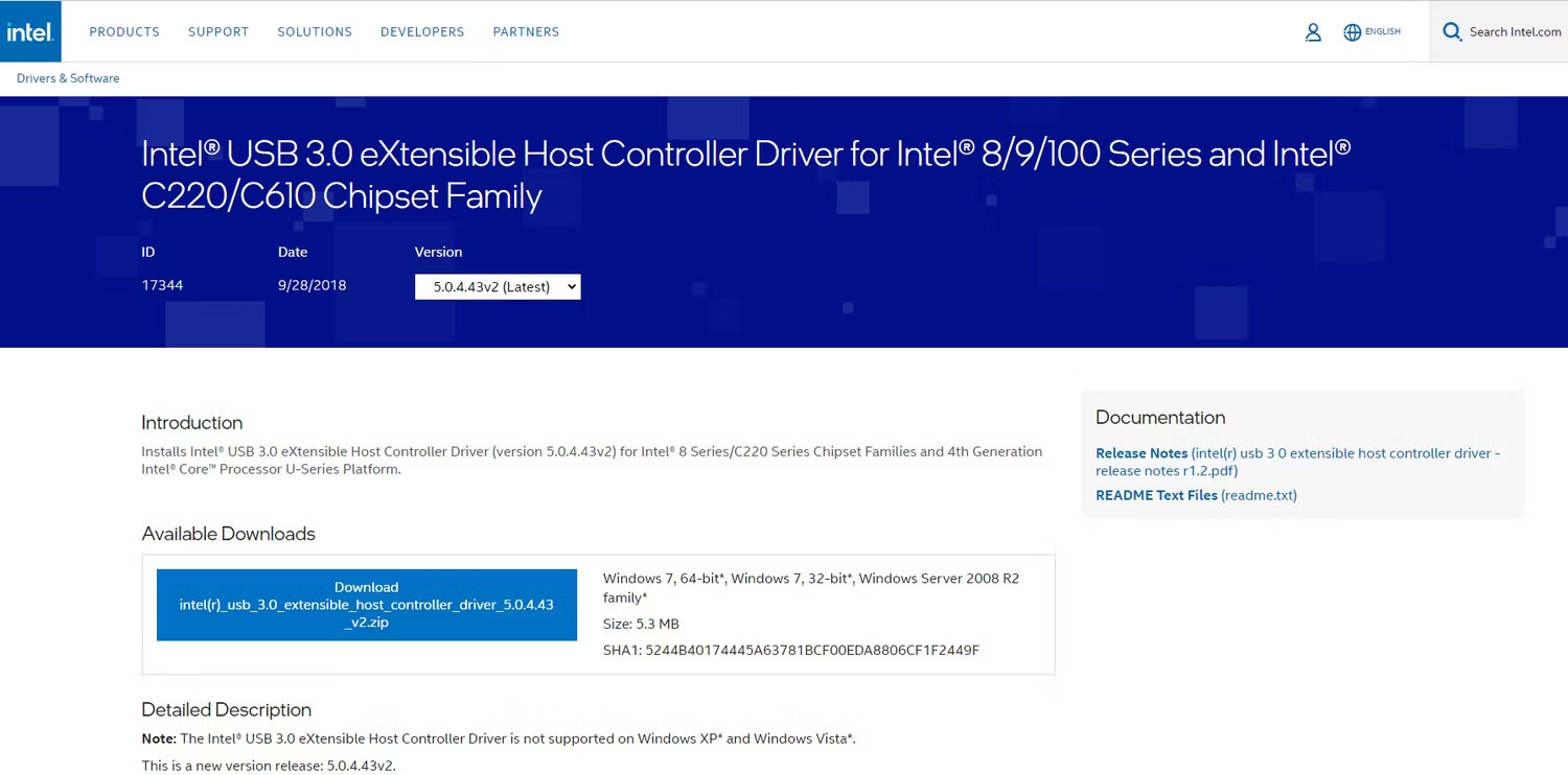 Trang web tải xuống driver USB của Intel