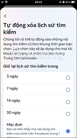 Chọn thời gian lưu lại lịch sử tìm kiếm Facebook