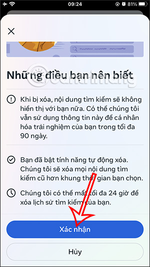 Xác nhận xóa lịch sử tìm kiếm Facebook tự động