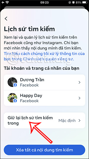 Thời gian giữ lại lịch sử tìm kiếm Facebook