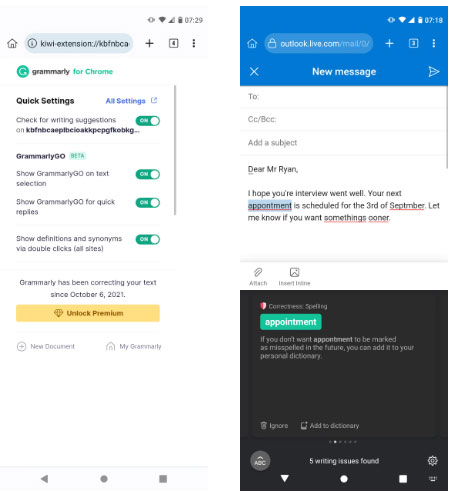 Sửa lỗi ngữ pháp email Outlook trên trình duyệt Android Chrome