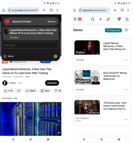 Lưu video YouTube vào Pocket trên trình duyệt Kiwi Chrome cho Android