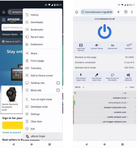 Extension Ublock Origin trên menu trình duyệt Android Chrome