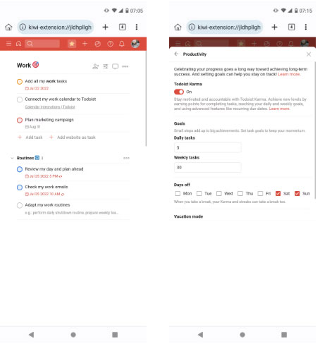 Lịch làm việc trên Chrome extension Todoist cho Android