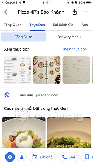 Các thực đơn của quán trên Google Maps