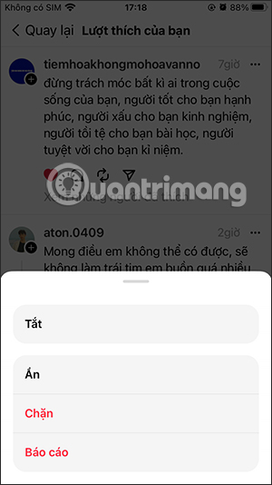 Tùy chọn bài đăng Threads đã thích