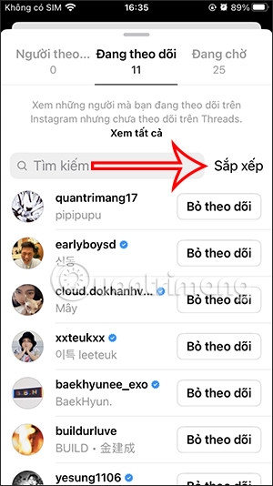 Thay đổi kiểu hiển thị danh sách Threads theo dõi