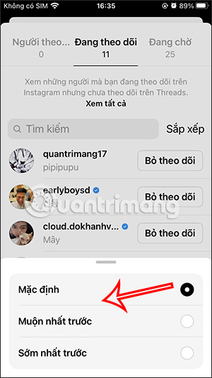 Chọn kiểu hiển thị tài khản Threads theo dõi