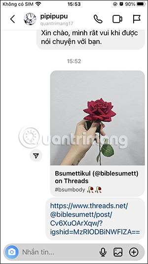 Bài đăng Threads gửi tin nhắn Instagram