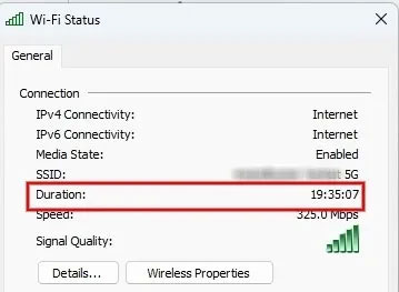 Xem thời lượng trong hộp thoại Wi-Fi Status