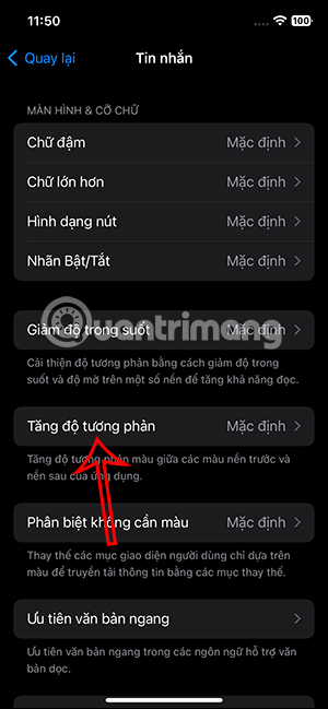 Chỉnh độ tương phản ứng dụng Tin nhắn