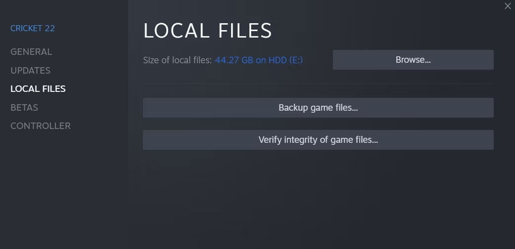 Xác minh tùy chọn tính toàn vẹn của file game trong Steam cho game Cricket 22