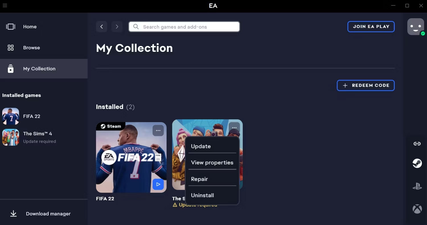 Nút Repair để xác minh file game trên EA Desktop