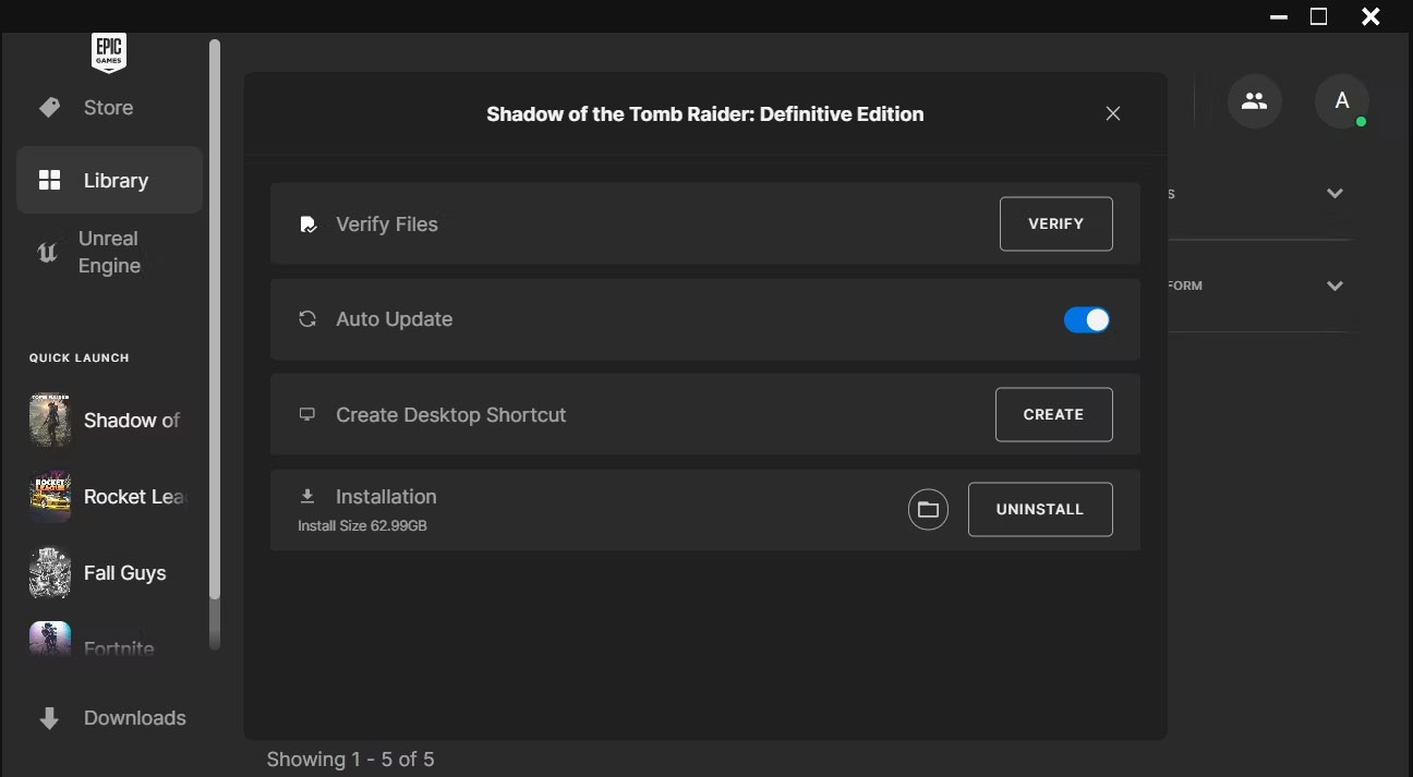 Nút Verify để xác minh file game trên Epic Games Launcher