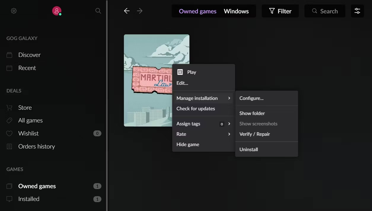 Xác minh và sửa chữa launcher GOG Galaxy