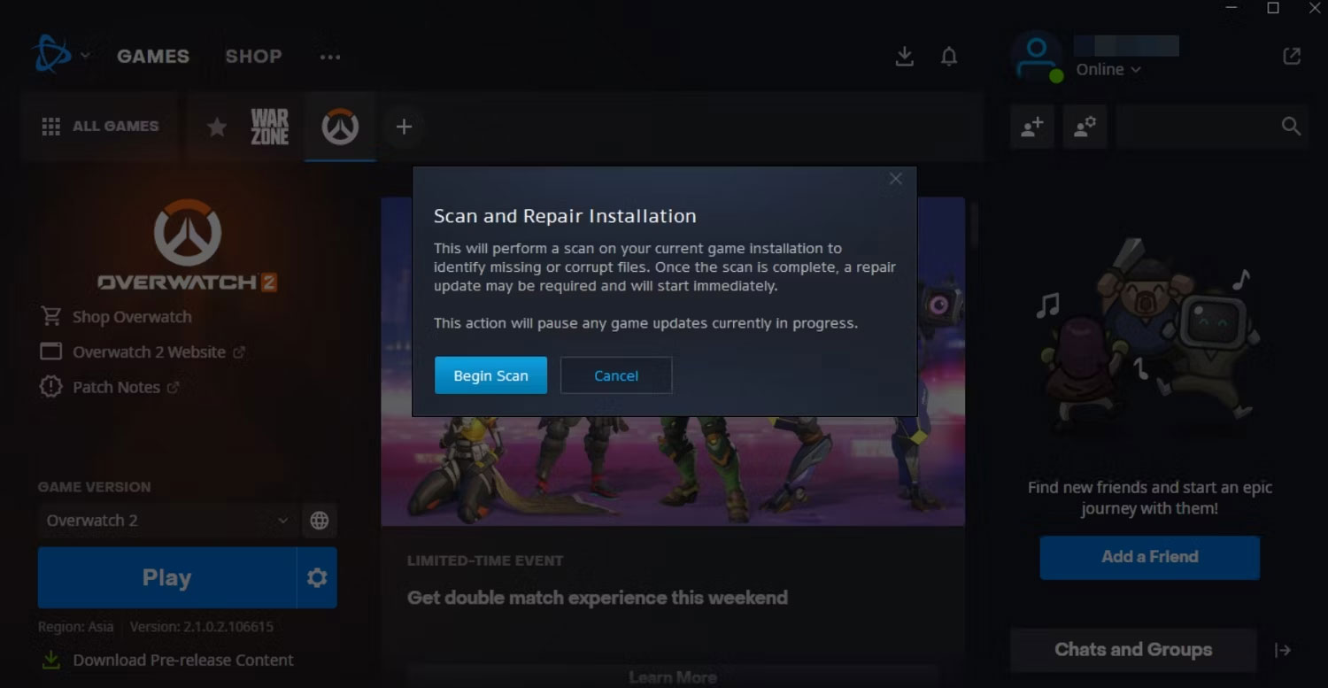 Nút Begin Scan để bắt đầu xác minh file trên Battle.net