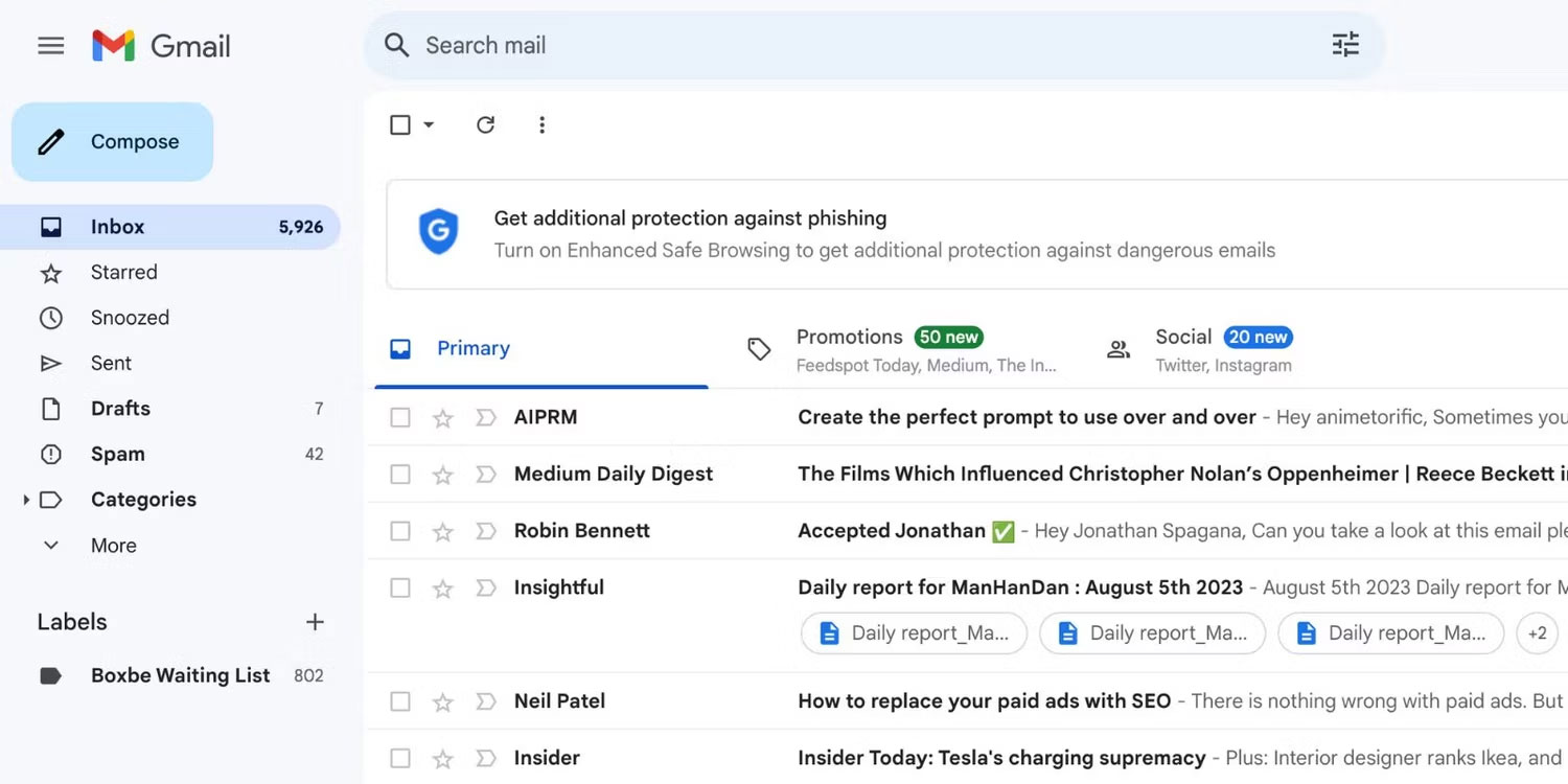 Các email chưa đọc trên hộp thư đến của Gmail
