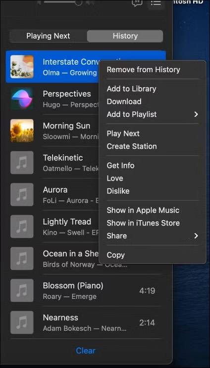 Xóa lịch sử nghe nhạc Apple Music máy tính