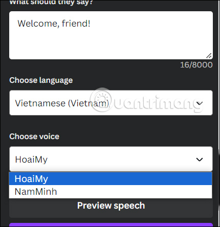 Chọn ngôn ngữ nói trong video tạo trên Canva