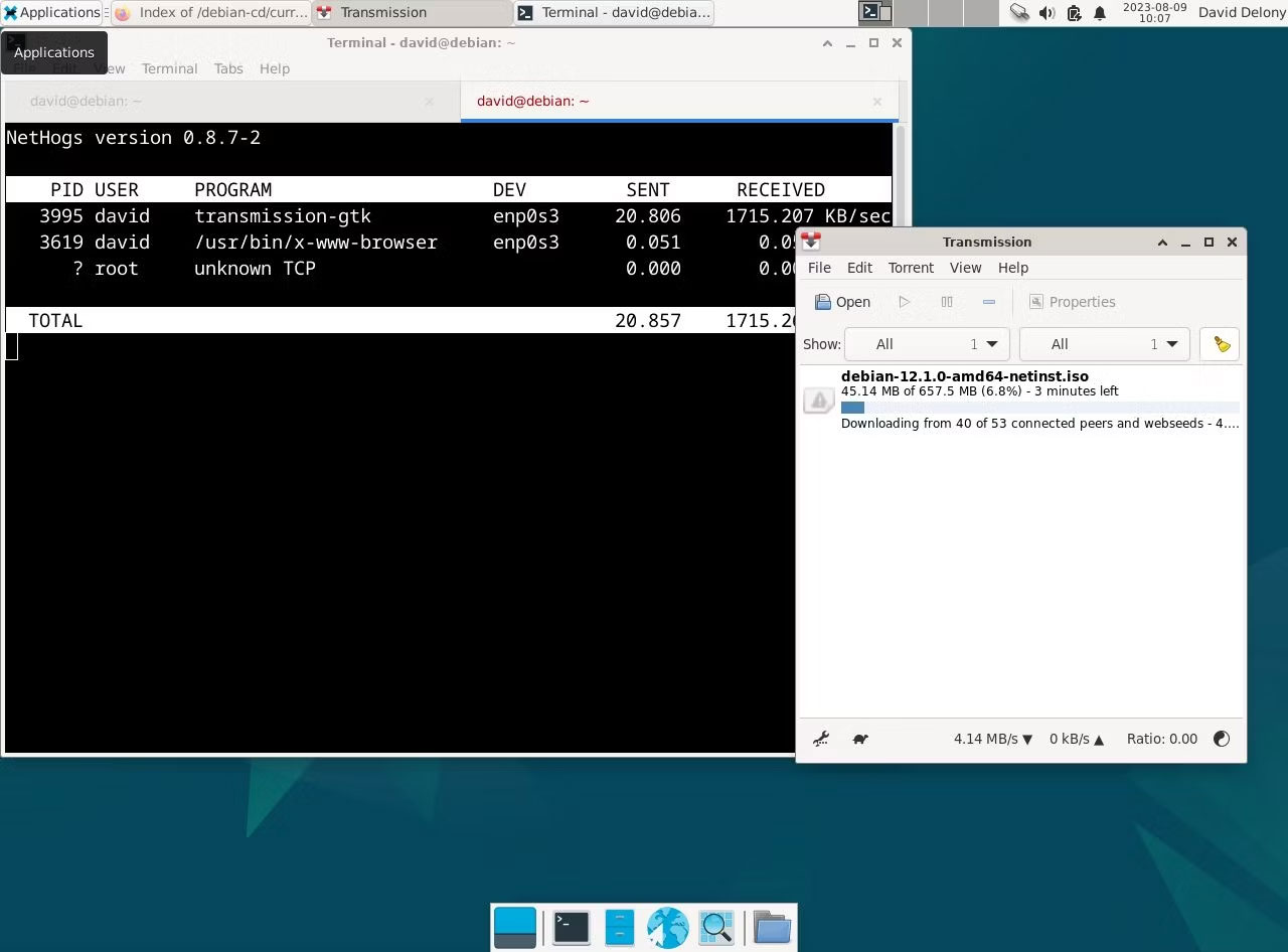 nethogs trong terminal và Transmission chạy trên Linux