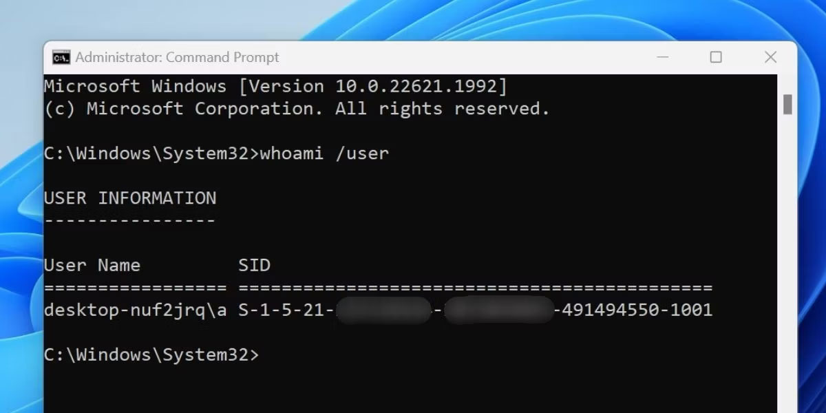 Kiểm tra SID bằng Command Prompt