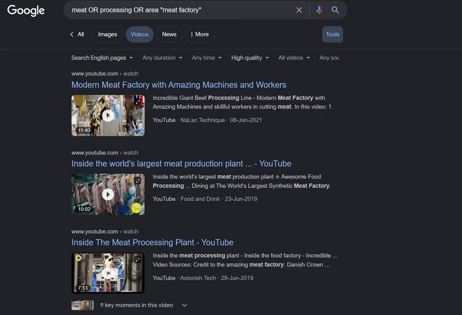 Google hiển thị các video liên quan đến chế biến thịt trong SERPs