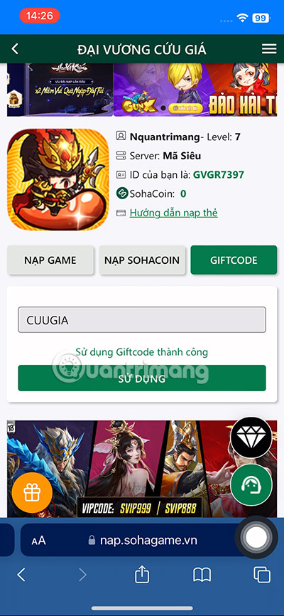 giftcode dai vuong cuu gia