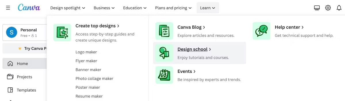 Hướng trang chính của Canva đến Design School