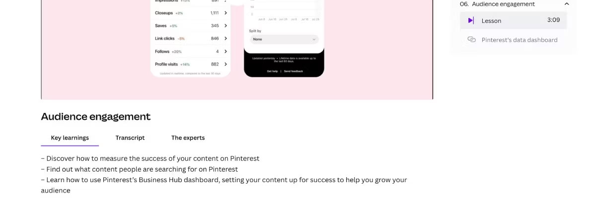 Khóa học Pinterest của Design School Canva với nội dung chính của bài học đang mở