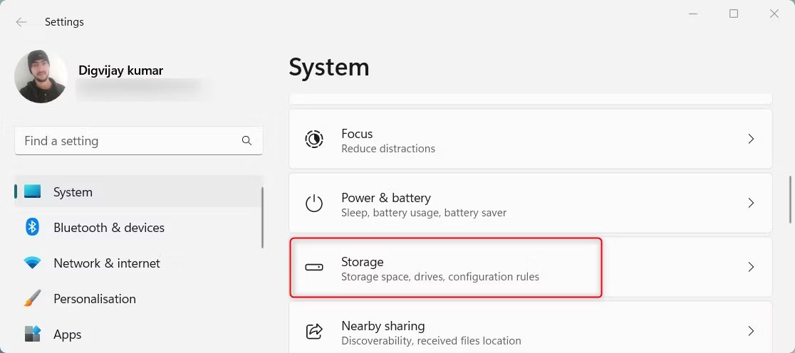 Storage trong System settings