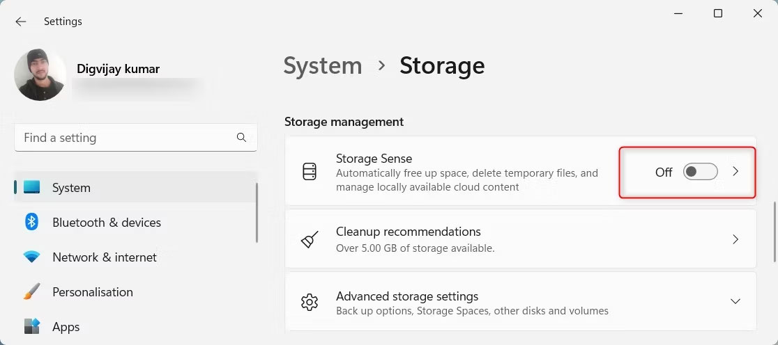 Bật Storage Sense