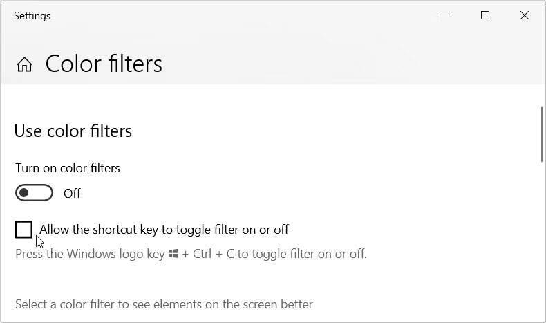 Bỏ chọn hộp Allow the shortcut key to toggle filter on or off