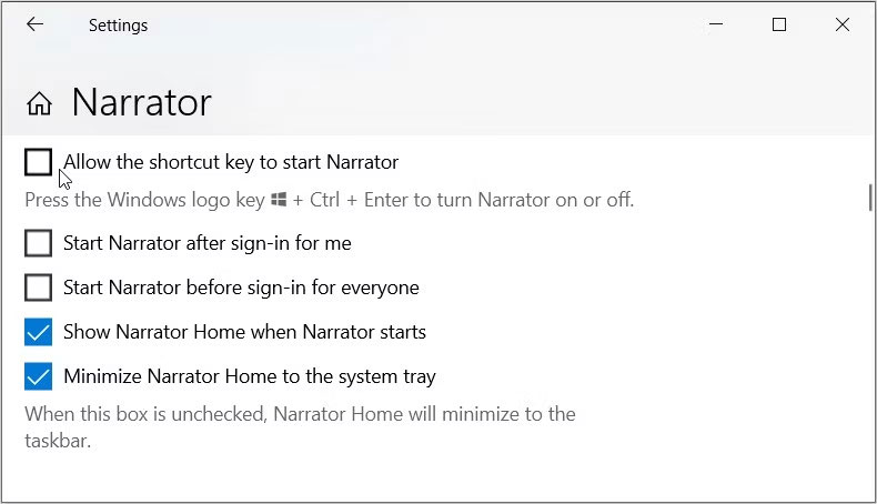 Bỏ chọn hộp Allow the shortcut key to start Narrator