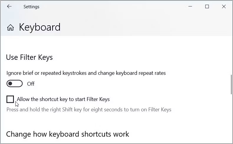 Bỏ chọn hộp Allow the shortcut key to start Filter Keys