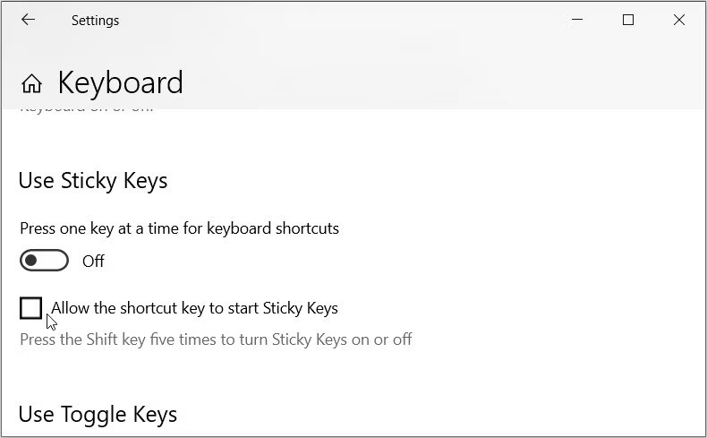 Bỏ chọn hộp Allow the shortcut key to start Sticky Keys