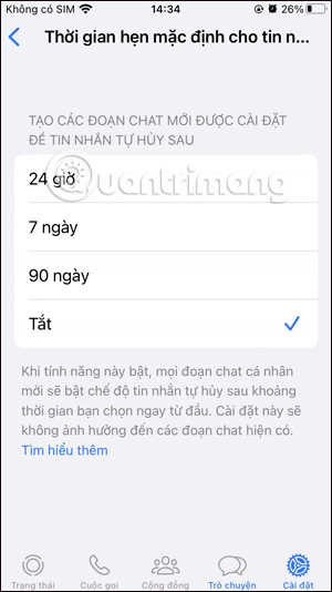 Thời gian tin nhắn WhatsApp tự hủy