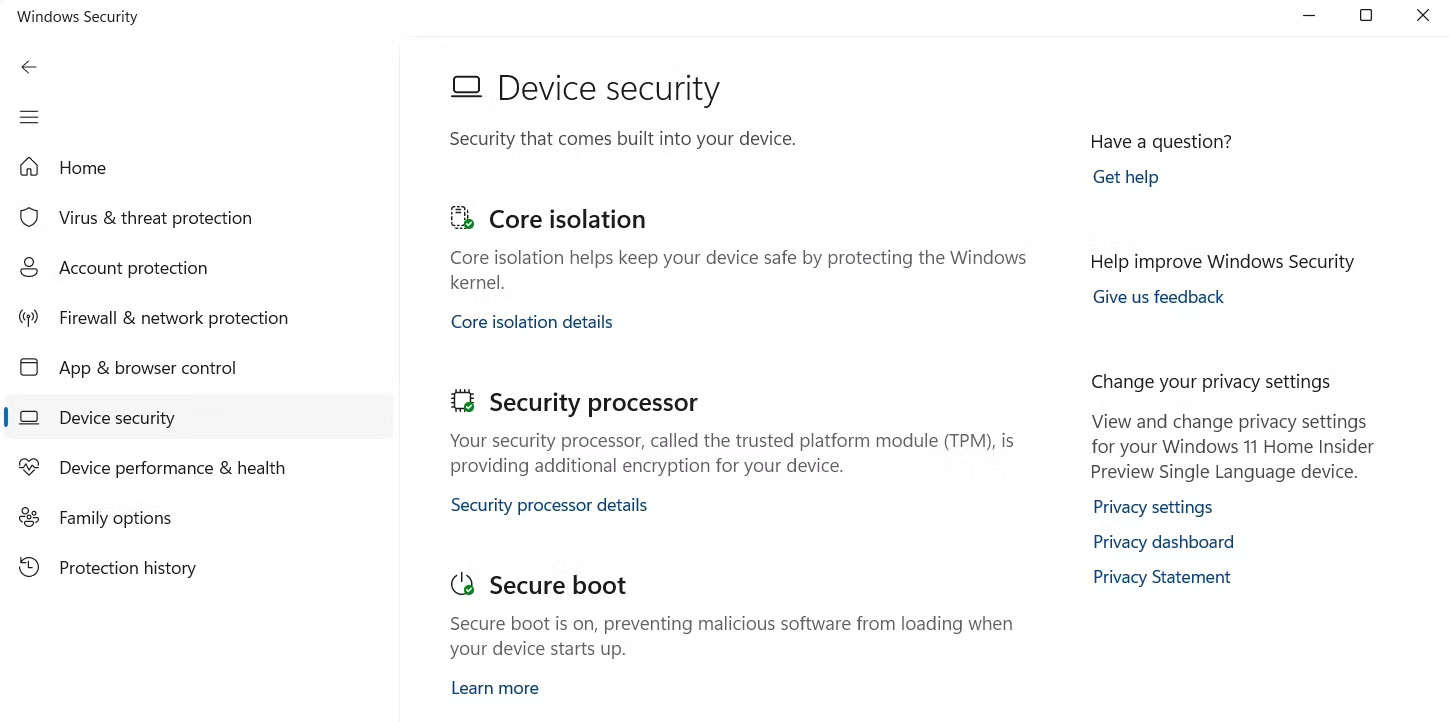 Tùy chọn Security processor details trong Windows Security